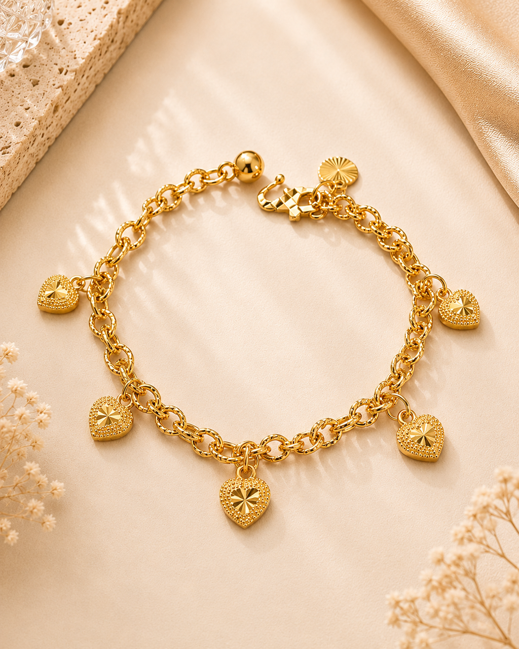 18K Gold Plated Wide Chain Multi Heart Charm Bracelet